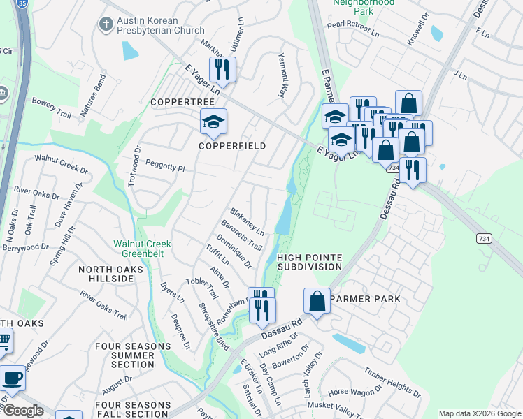 map of restaurants, bars, coffee shops, grocery stores, and more near 12119 Sunderland Drive in Austin