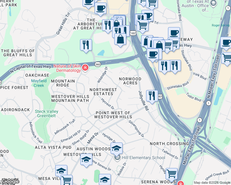 map of restaurants, bars, coffee shops, grocery stores, and more near 9006 Rockcrest Drive in Austin