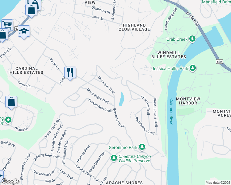 map of restaurants, bars, coffee shops, grocery stores, and more near 3021 Geronimo Trail in Austin