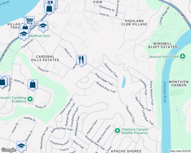 map of restaurants, bars, coffee shops, grocery stores, and more near 14712 Great Eagle Trail in Austin
