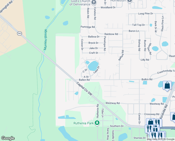 map of restaurants, bars, coffee shops, grocery stores, and more near 1630 Balkin Road in Tallahassee