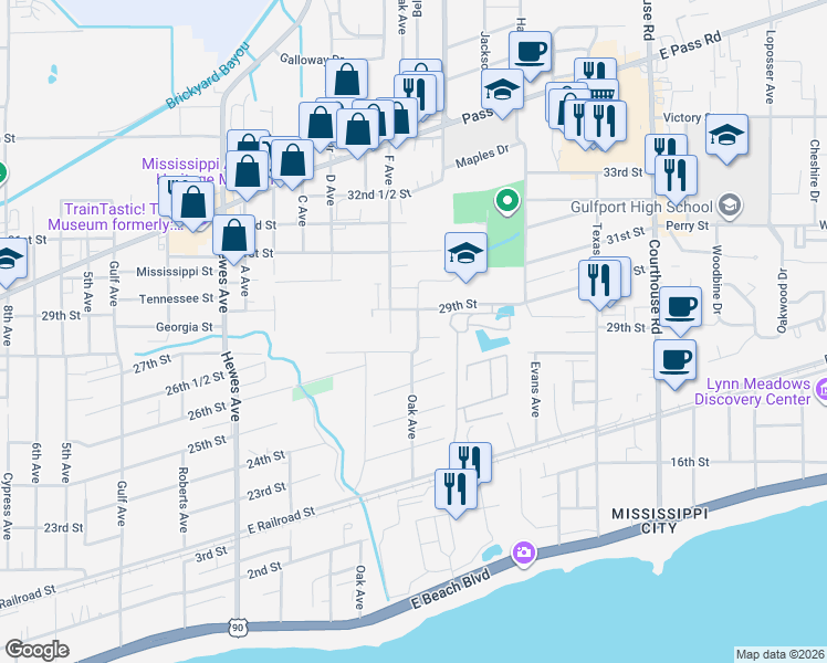 map of restaurants, bars, coffee shops, grocery stores, and more near 2815 G Avenue in Gulfport