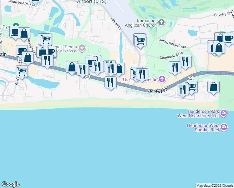 map of restaurants, bars, coffee shops, grocery stores, and more near 1046 U.S. 98 in Destin