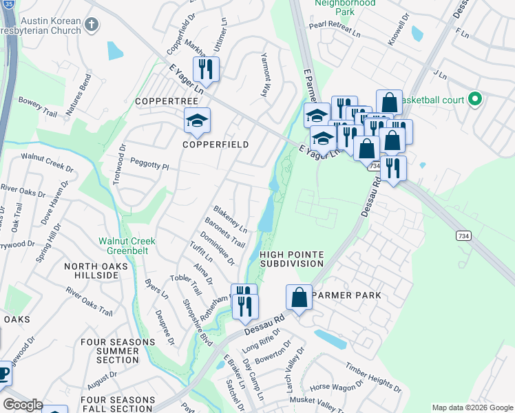 map of restaurants, bars, coffee shops, grocery stores, and more near 1406 Brixham Cove in Austin