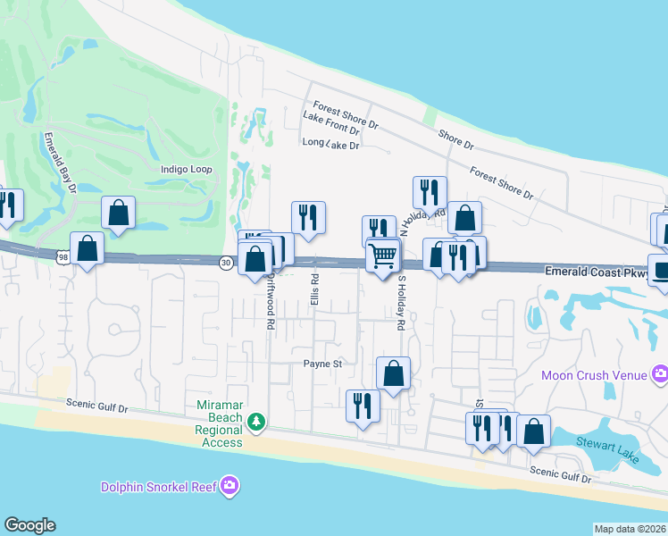 map of restaurants, bars, coffee shops, grocery stores, and more near 12671 U.S. 98 in Destin