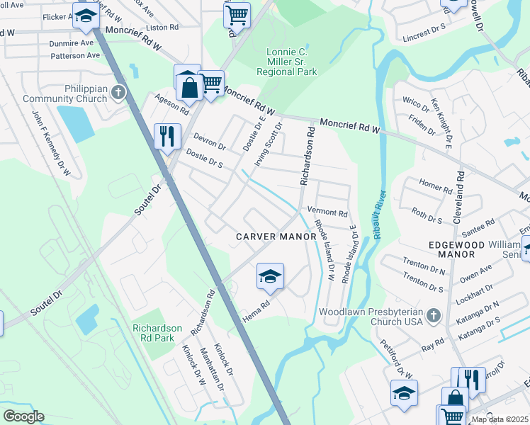 map of restaurants, bars, coffee shops, grocery stores, and more near 5086 Dostie Drive South in Jacksonville