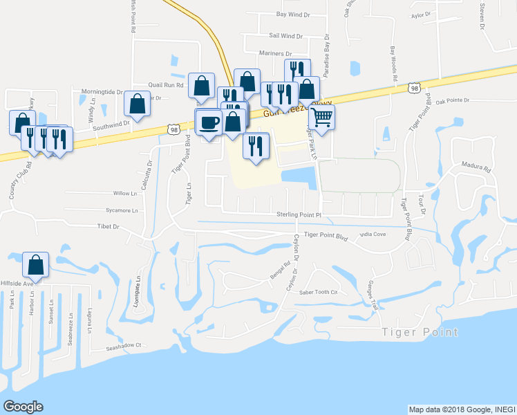 map of restaurants, bars, coffee shops, grocery stores, and more near 3746 Boardwalk Court in Gulf Breeze