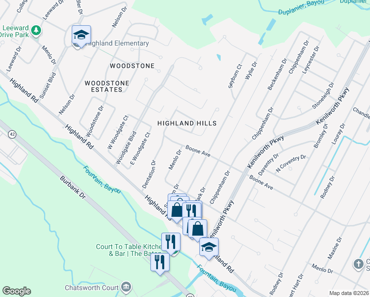 map of restaurants, bars, coffee shops, grocery stores, and more near 6979 Boone Avenue in Baton Rouge
