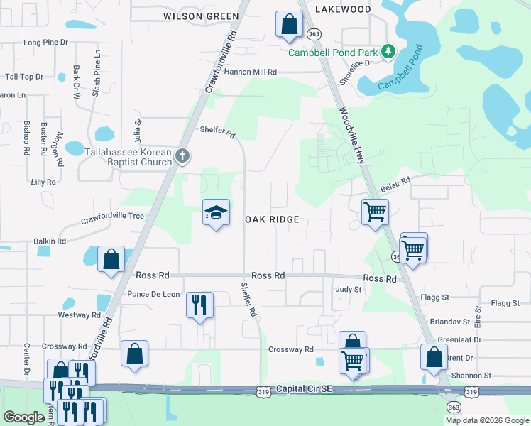 map of restaurants, bars, coffee shops, grocery stores, and more near 4419-4551 Shelfer Road in Tallahassee