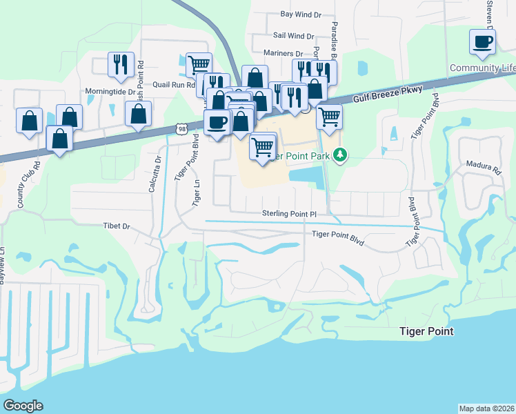 map of restaurants, bars, coffee shops, grocery stores, and more near 3747 Boardwalk Court in Gulf Breeze