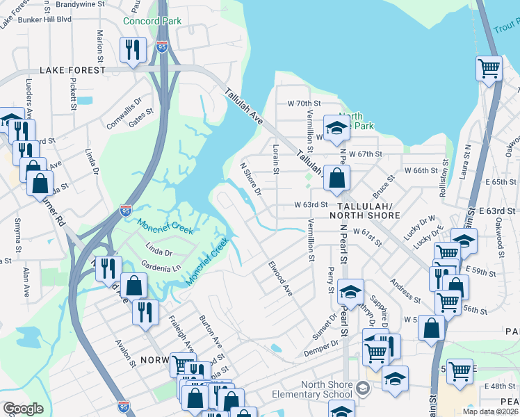 map of restaurants, bars, coffee shops, grocery stores, and more near 7317 North Shore Drive in Jacksonville