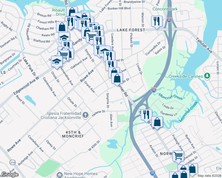 map of restaurants, bars, coffee shops, grocery stores, and more near 1341 Ida Street in Jacksonville