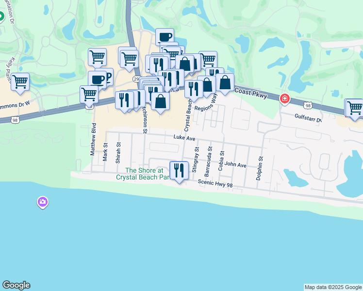map of restaurants, bars, coffee shops, grocery stores, and more near in Destin