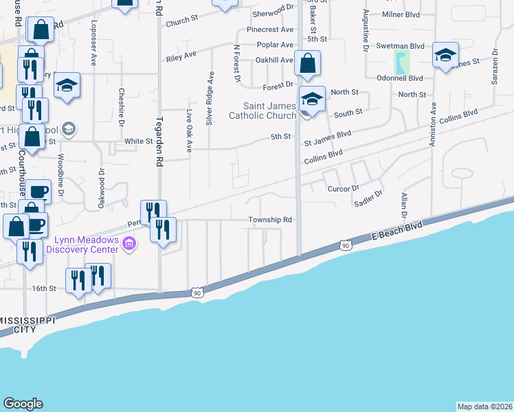 map of restaurants, bars, coffee shops, grocery stores, and more near 1180b Century Oaks Drive in Gulfport