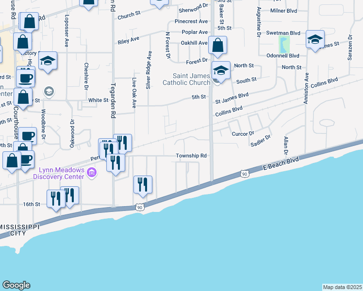 map of restaurants, bars, coffee shops, grocery stores, and more near 1180b Century Oaks Drive in Gulfport
