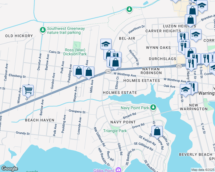 map of restaurants, bars, coffee shops, grocery stores, and more near 615 McCarroll Road in Pensacola