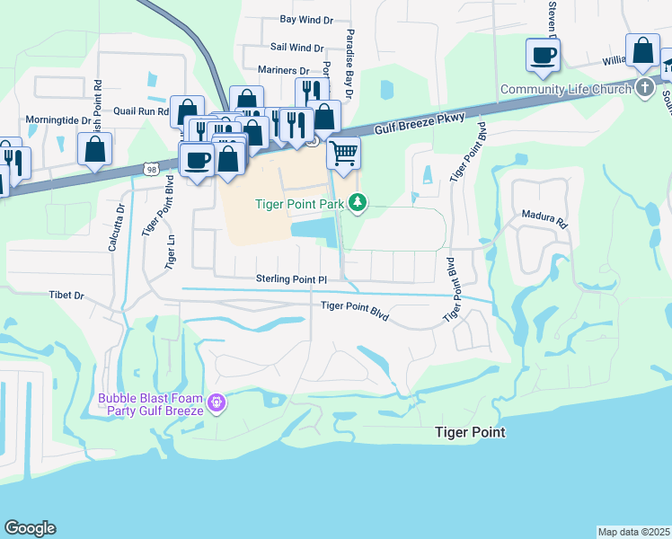 map of restaurants, bars, coffee shops, grocery stores, and more near 3751 Victorian Boulevard in Gulf Breeze