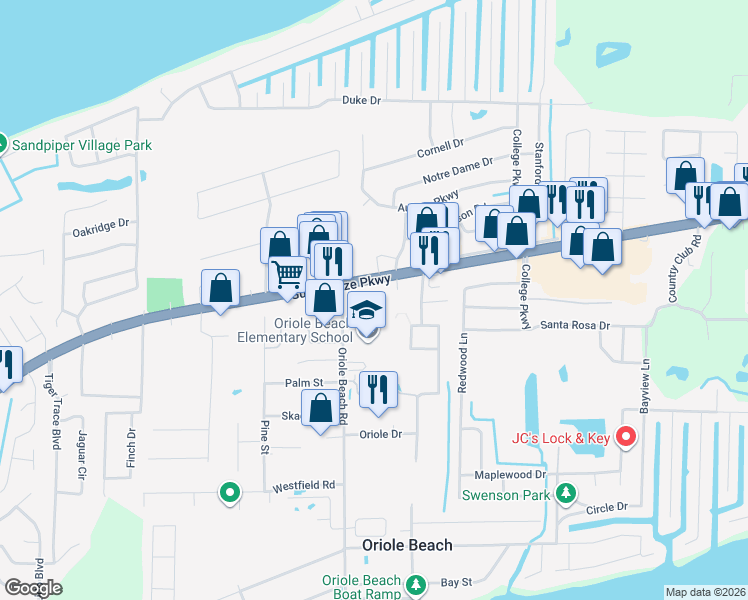 map of restaurants, bars, coffee shops, grocery stores, and more near 3123 Gulf Breeze Parkway in Gulf Breeze
