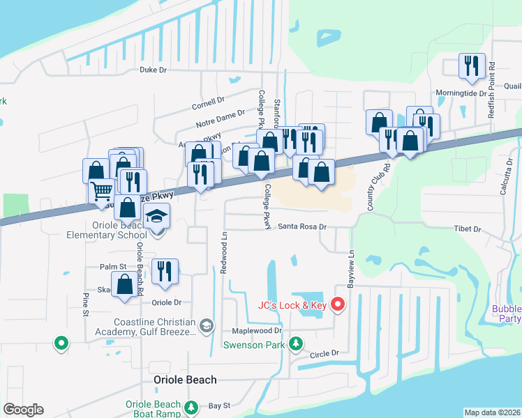 map of restaurants, bars, coffee shops, grocery stores, and more near 1275 College Parkway in Gulf Breeze