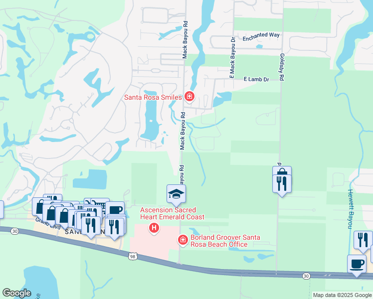 map of restaurants, bars, coffee shops, grocery stores, and more near 616 Mack Bayou Road in Santa Rosa Beach
