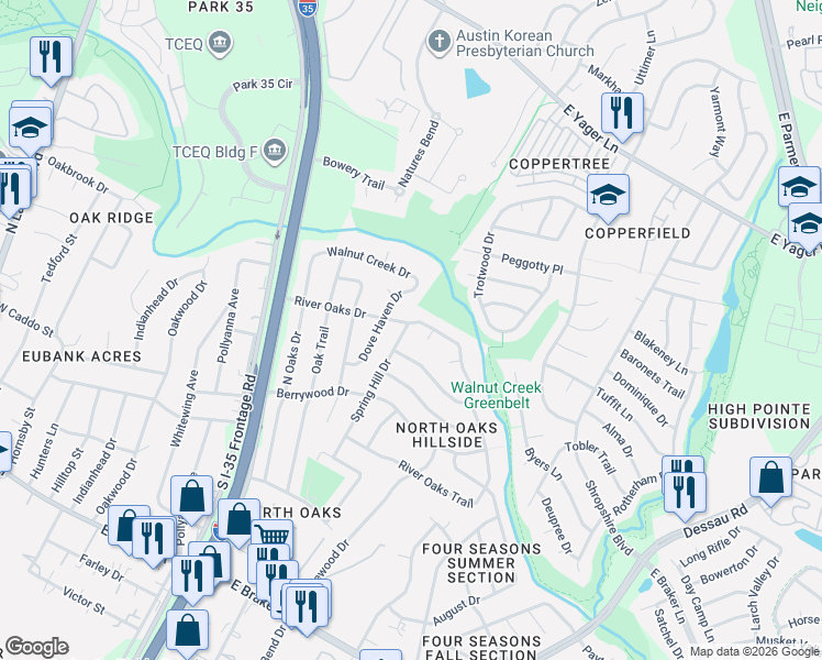 map of restaurants, bars, coffee shops, grocery stores, and more near 830 River Oaks Drive in Austin