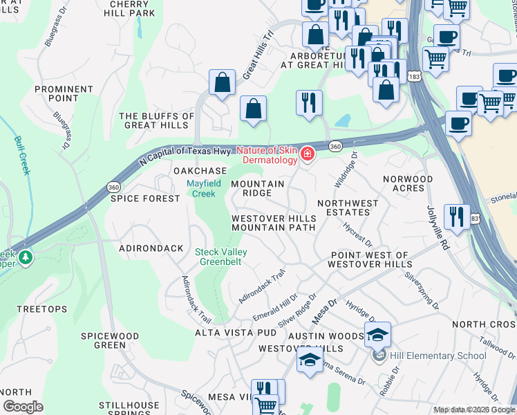 map of restaurants, bars, coffee shops, grocery stores, and more near 4502 Mountain Path Drive in Austin