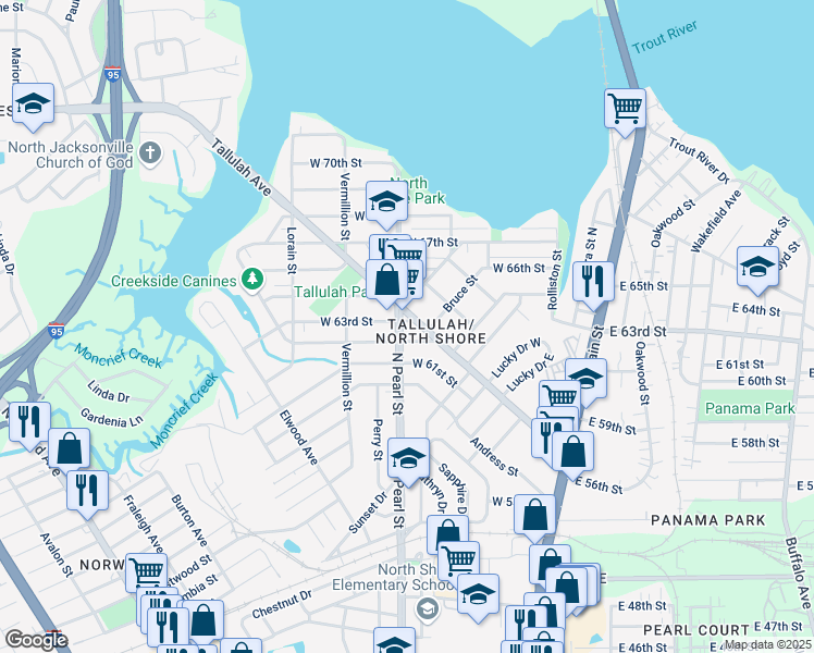 map of restaurants, bars, coffee shops, grocery stores, and more near 7223 North Pearl Street in Jacksonville