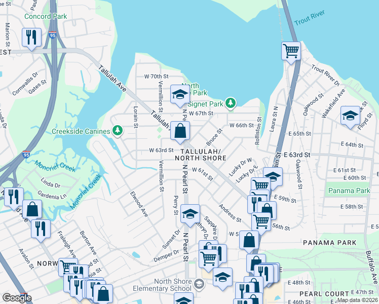 map of restaurants, bars, coffee shops, grocery stores, and more near 7223 North Pearl Street in Jacksonville