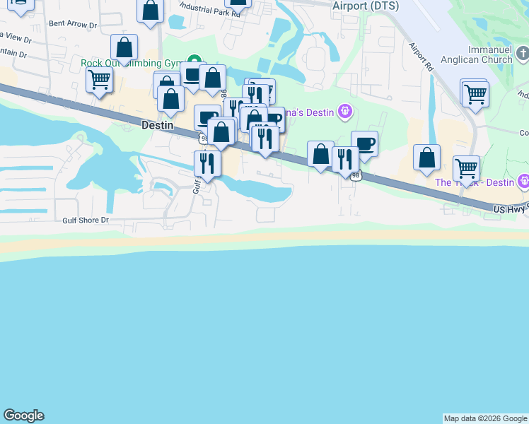 map of restaurants, bars, coffee shops, grocery stores, and more near 3899 Sandprint Drive in Destin