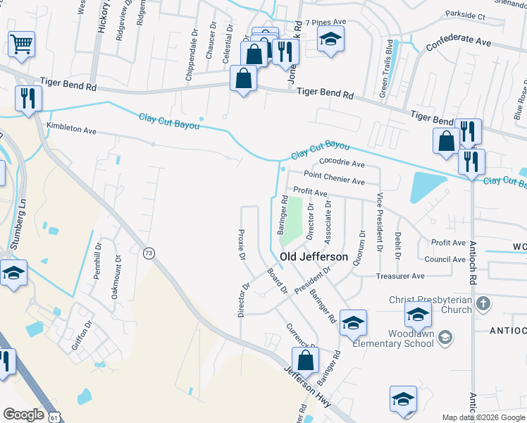 map of restaurants, bars, coffee shops, grocery stores, and more near 7311 Board Drive in Baton Rouge