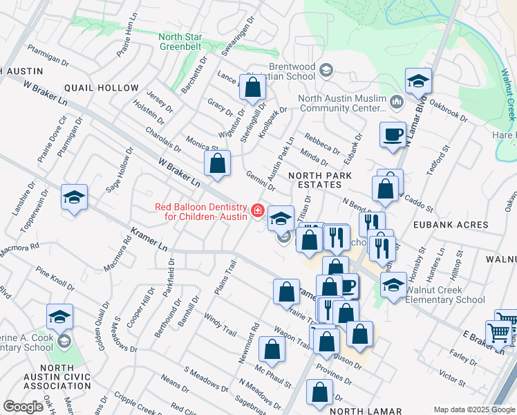 map of restaurants, bars, coffee shops, grocery stores, and more near 11001 Austin Park Lane in Austin