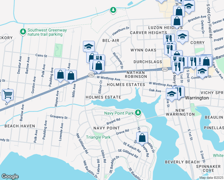 map of restaurants, bars, coffee shops, grocery stores, and more near 116 Holmes Drive in Pensacola