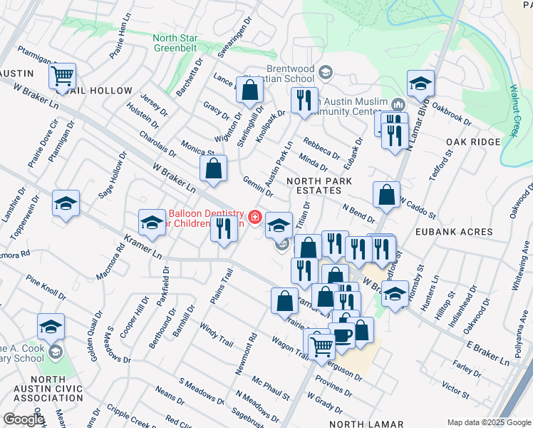 map of restaurants, bars, coffee shops, grocery stores, and more near 1106 Apollo Drive in Austin