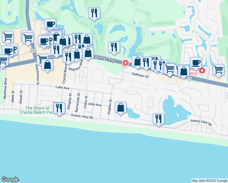 map of restaurants, bars, coffee shops, grocery stores, and more near 4591 Luke Avenue in Destin