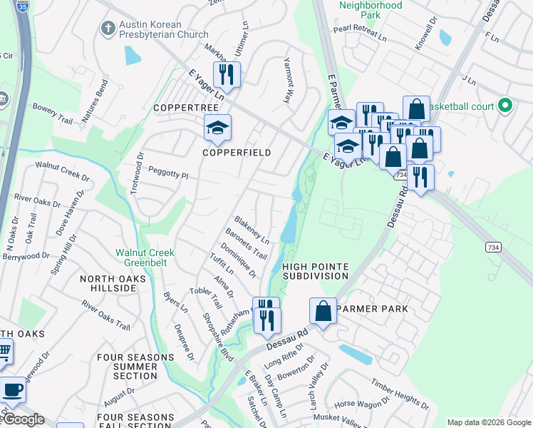 map of restaurants, bars, coffee shops, grocery stores, and more near 12119 Sunderland Drive in Austin