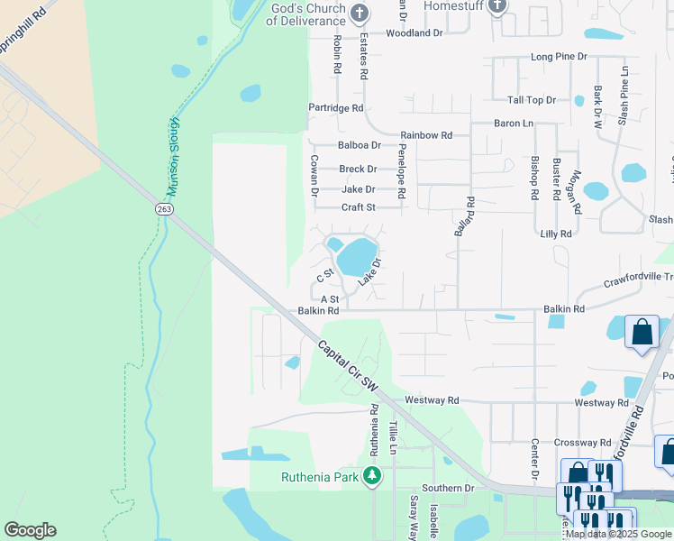 map of restaurants, bars, coffee shops, grocery stores, and more near Lake Drive in Tallahassee