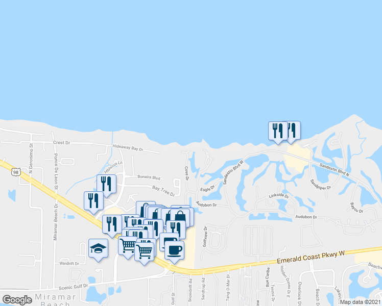 map of restaurants, bars, coffee shops, grocery stores, and more near 168 Cove Drive in Miramar Beach