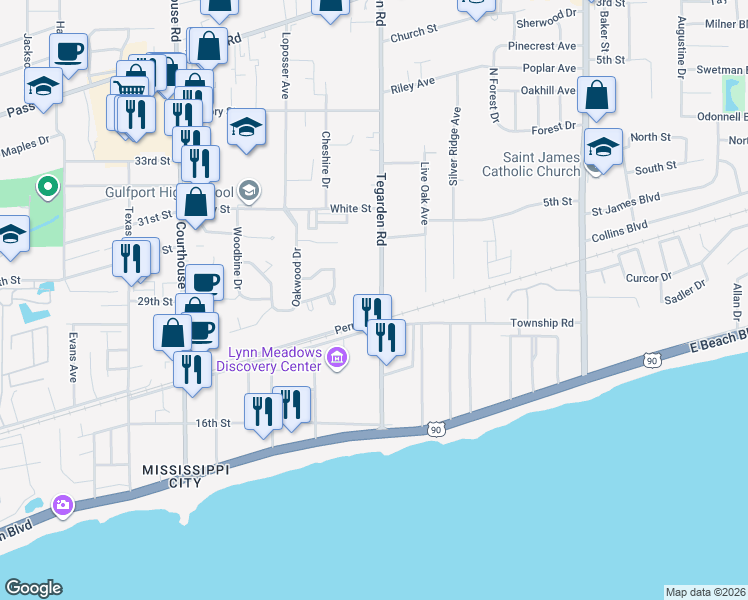 map of restaurants, bars, coffee shops, grocery stores, and more near 336 Tegarden Road in Gulfport