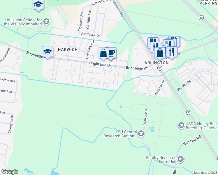 map of restaurants, bars, coffee shops, grocery stores, and more near 1707 South Brightside View Drive in Baton Rouge