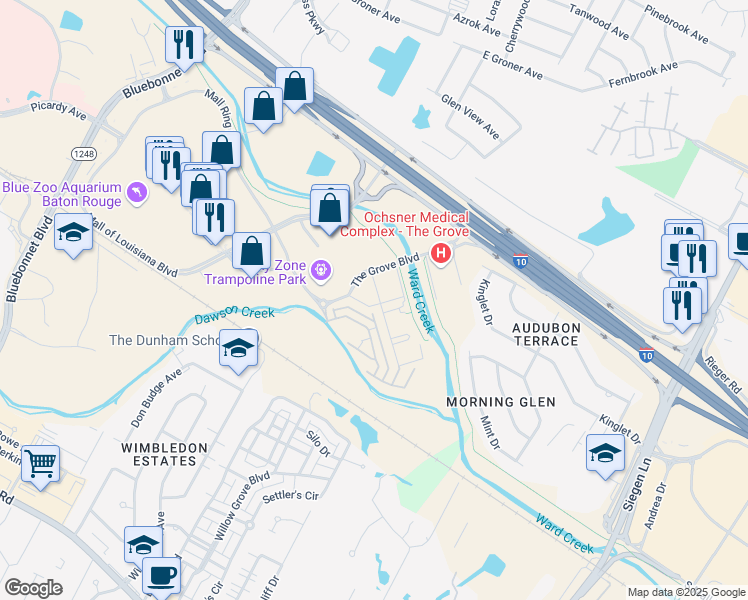 map of restaurants, bars, coffee shops, grocery stores, and more near 10222 The Grove Boulevard in Baton Rouge