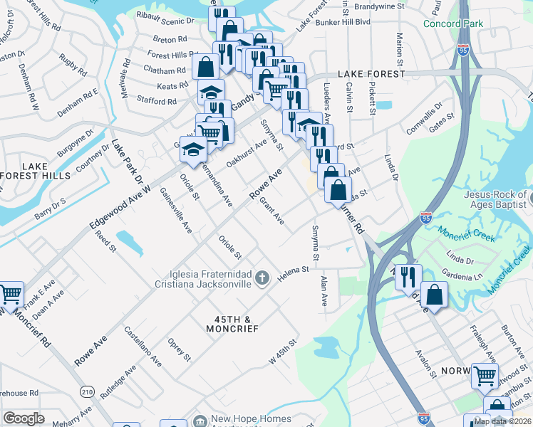 map of restaurants, bars, coffee shops, grocery stores, and more near 7429 Grant Avenue in Jacksonville