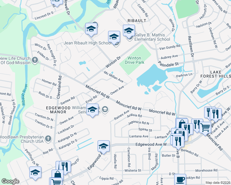 map of restaurants, bars, coffee shops, grocery stores, and more near 3701 Owen Avenue in Jacksonville