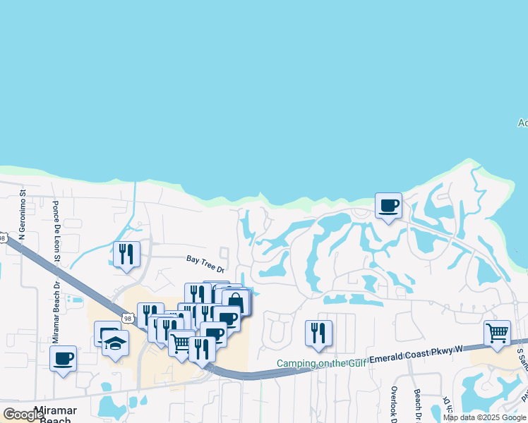 map of restaurants, bars, coffee shops, grocery stores, and more near 33 Vantage Point in Miramar Beach