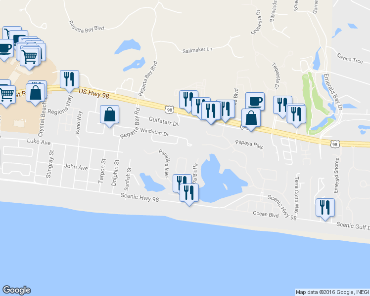 map of restaurants, bars, coffee shops, grocery stores, and more near 4670 Windstarr Drive in Destin