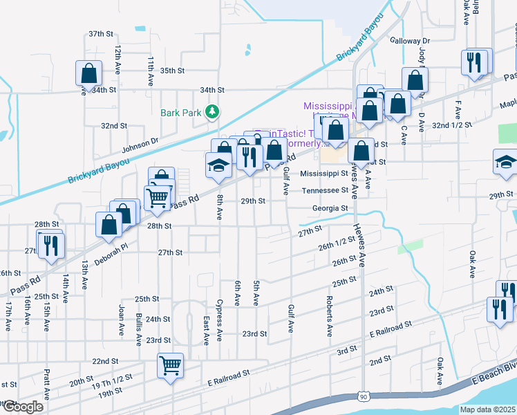 map of restaurants, bars, coffee shops, grocery stores, and more near 2830 6th Avenue in Gulfport