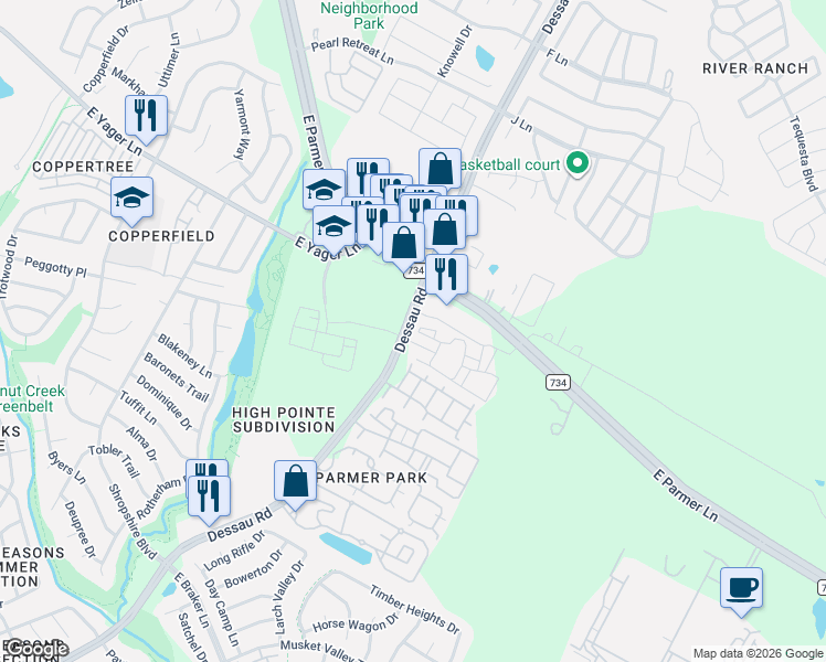 map of restaurants, bars, coffee shops, grocery stores, and more near 12225 Dessau Road in Austin