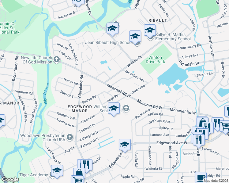 map of restaurants, bars, coffee shops, grocery stores, and more near 3970 Robert C Weaver Drive in Jacksonville