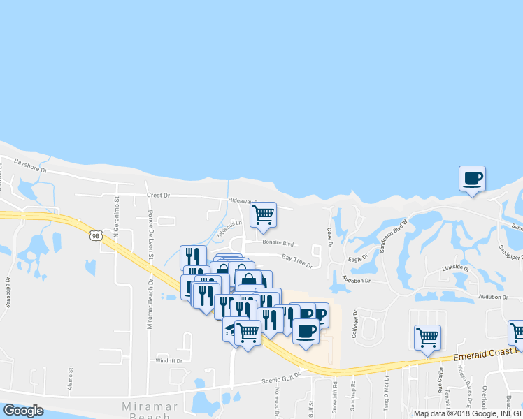 map of restaurants, bars, coffee shops, grocery stores, and more near 104 Antilles Cove in Miramar Beach