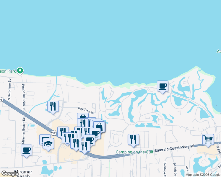 map of restaurants, bars, coffee shops, grocery stores, and more near 33 Vantage Point in Miramar Beach