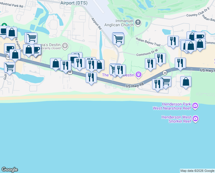 map of restaurants, bars, coffee shops, grocery stores, and more near 1050 U.S. 98 in Destin